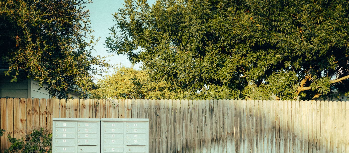 A row of residential mailboxes on posts in front of a wooden fence and trees.
