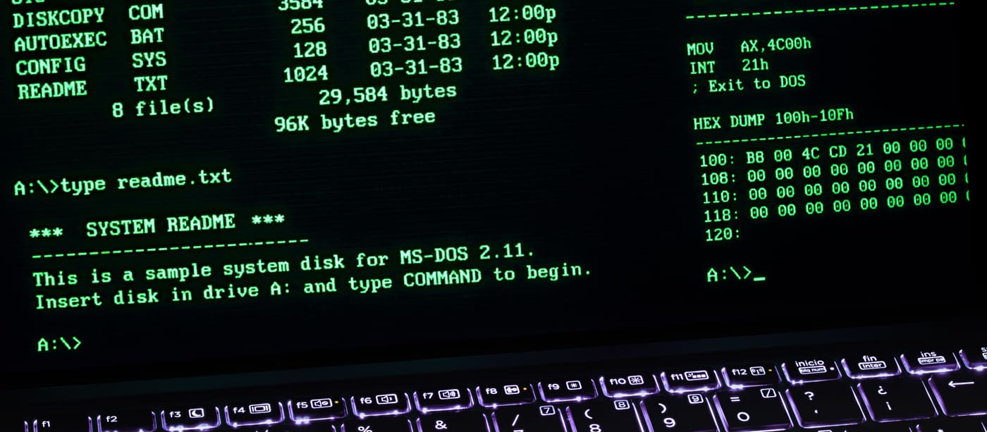 A laptop screen showing a plain text-mode terminal with a command prompt.